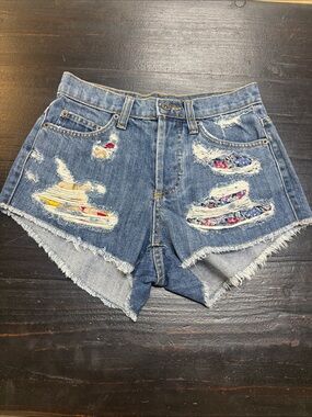 Carmar Blue Distressed Denim Shorts with Floral Patchwork